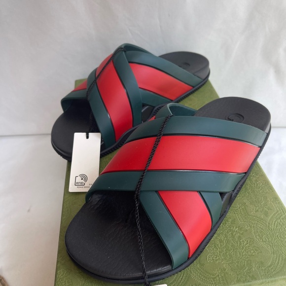 GUCCI Womens Green  Red Rubber 627820 Web Strap Slide Sandal Size 39 US 9 $450 - Picture 6 of 11